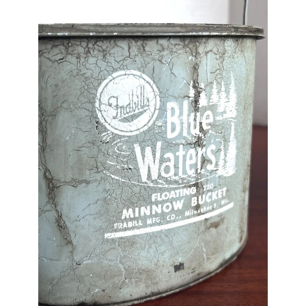 VTG Frabill Blue Waters Floating 220 Oval Metal Minnow Bucket Cabin Decor USA